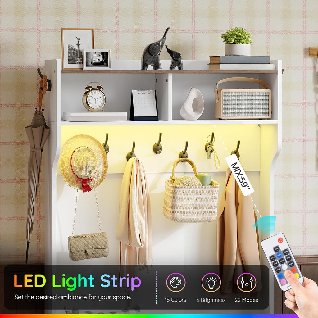 Hall Tree with Bench, 15.7''W Entryway Bench with Coat Rack, Shoe Cabinet with Flip Drawer, LED Hall Tree with 9
