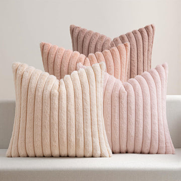 Faux Fur Plush Decorative Throw Pillow Covers 18x18 Set of 4, Valentine's Day Cute Modern Soft Romantic Fuzzy Striped