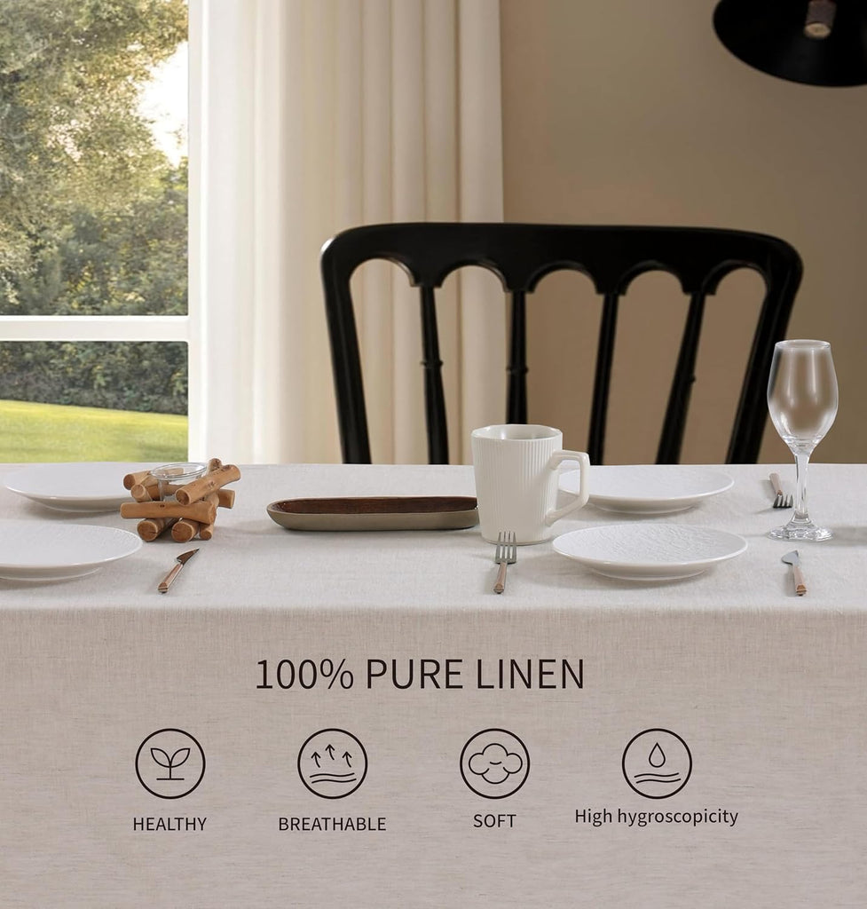100% French Flax Linen Tablecloths Scalloped Embroidery Rectangle 120Lx60W Inch for Dinners, Parties