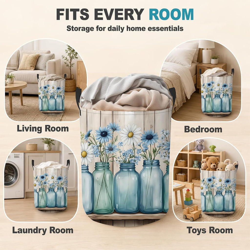 Laundry Basket,Blue Mason Jars Foldable Clothes Hamper with Handles,Daisy Flowers Waterproof Oxford Cloth Storage