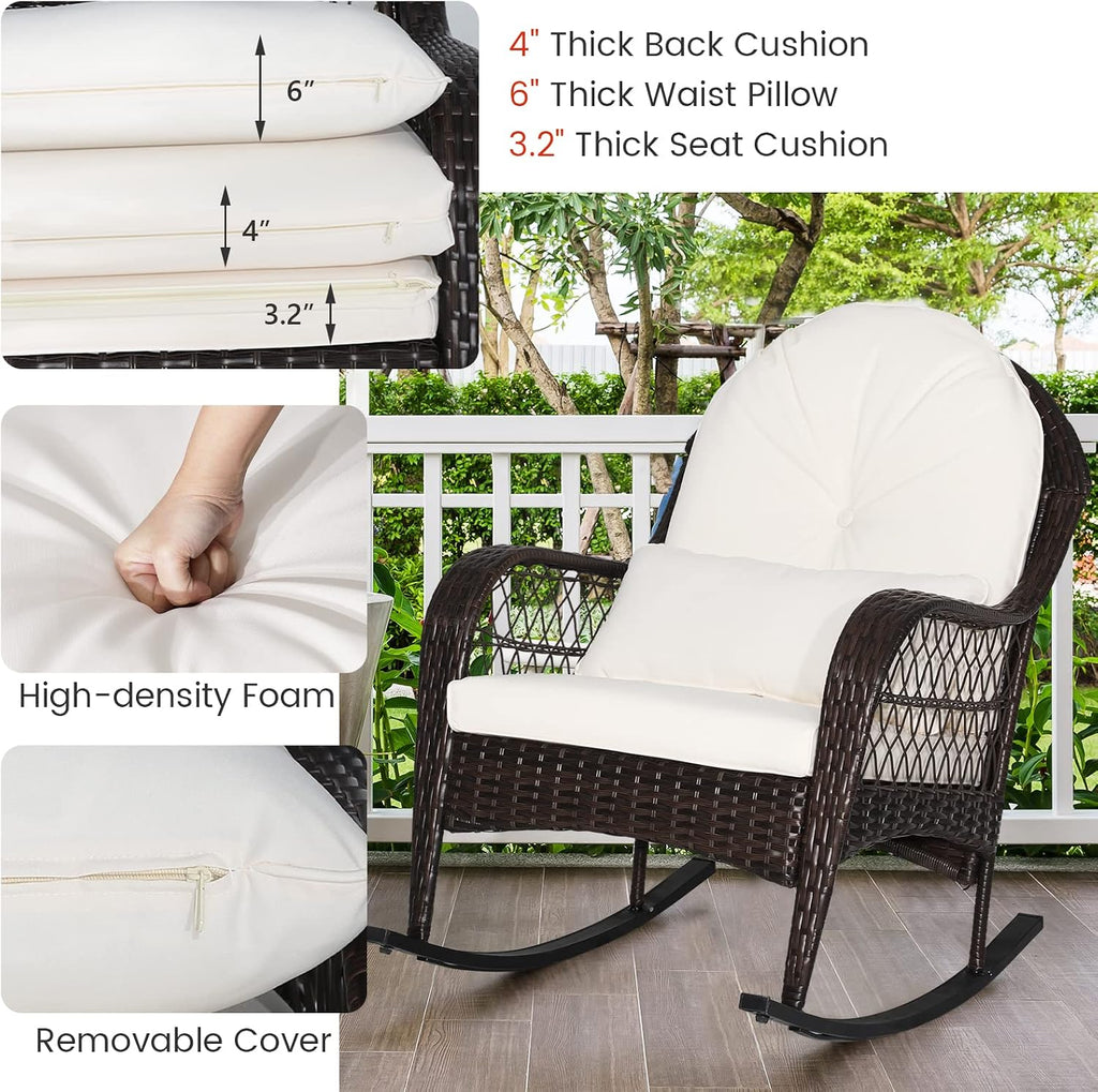 Outdoor Wicker Rocking Chair, Patio Rattan Rocker w/Lumbar Pillow, Padded Seat & Back Cushions, Metal Frame, Mix