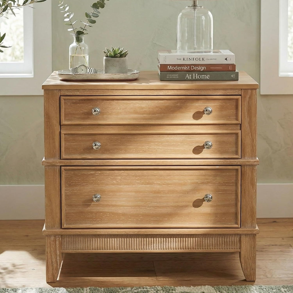 27.3 Inch Solid Wood Nightstand, Mid Century Modern Night Stand with Storage Tray & Drawers, Small Side End Table
