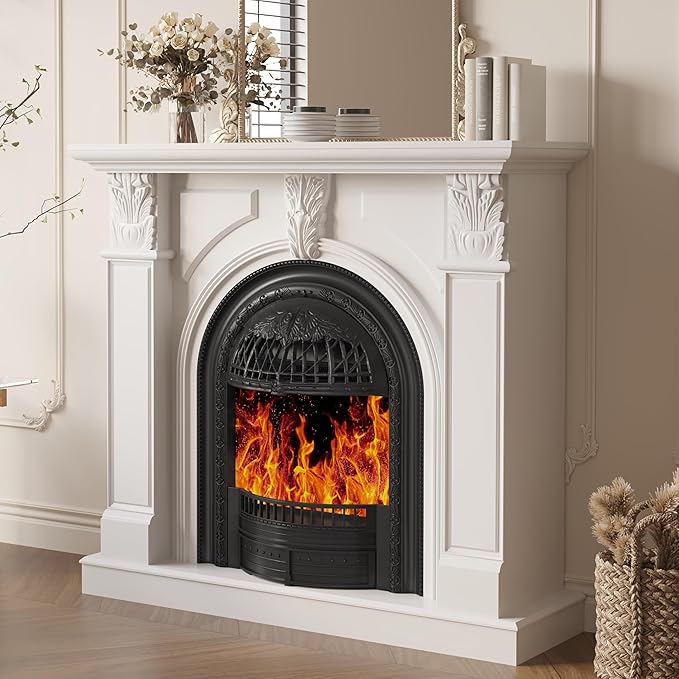 80 Inch Electric Fireplace TV Stand with Mantel, Birdcage-Style Fireplace Heater and Carved Column Design, Entertainment Center for Living Room or Bedroom, Black
