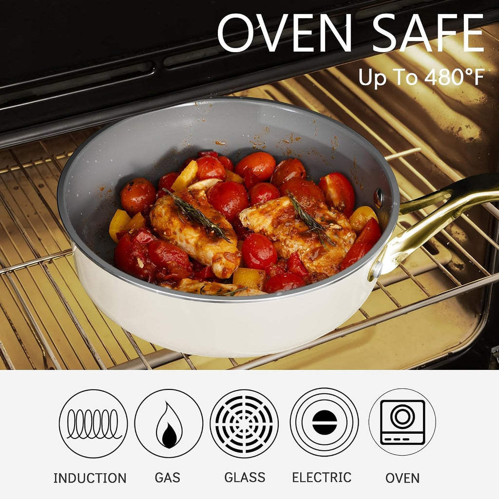 White 10 Piece Ceramic Cookware Set | Pots Pans for Family Meals | Include saucepan, saute pan, stockpot, frying