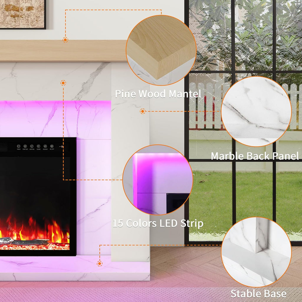62 Inch Electric Fireplace with Mantel, Replaceable 36" Fireplace Insert Heater, 3D Realistic Log and Flame Effect