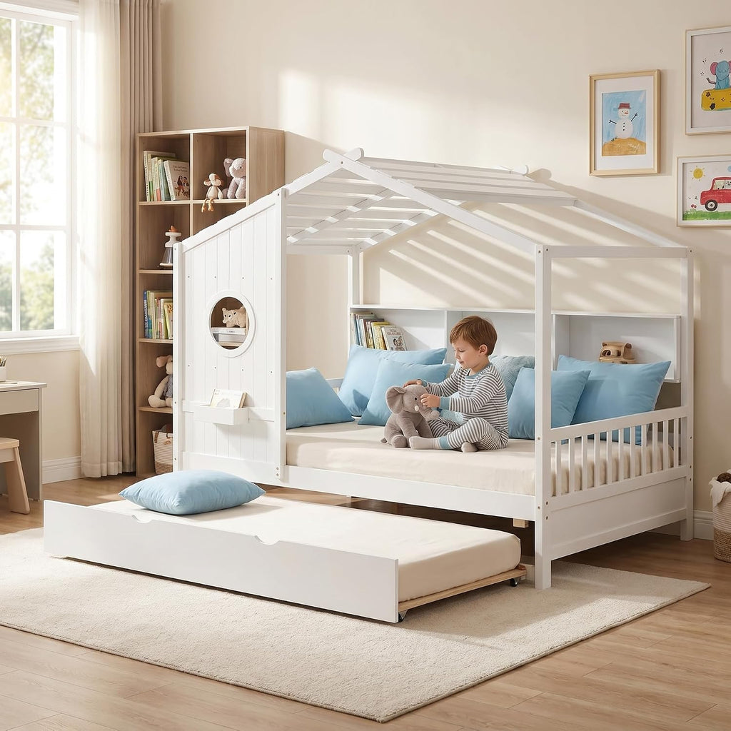 Full Size Bed Frames with Trundle, House Bed for Kids with Storage Shelves, White, 78" L X 58" W X 72" H