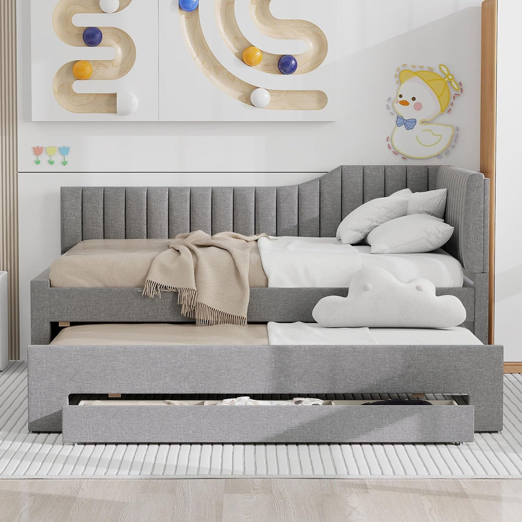 Full Size Daybed with Pull Out Trundle and Three Storage Drawers, Linen Upholstered Day Bed Frame with Wood Slats