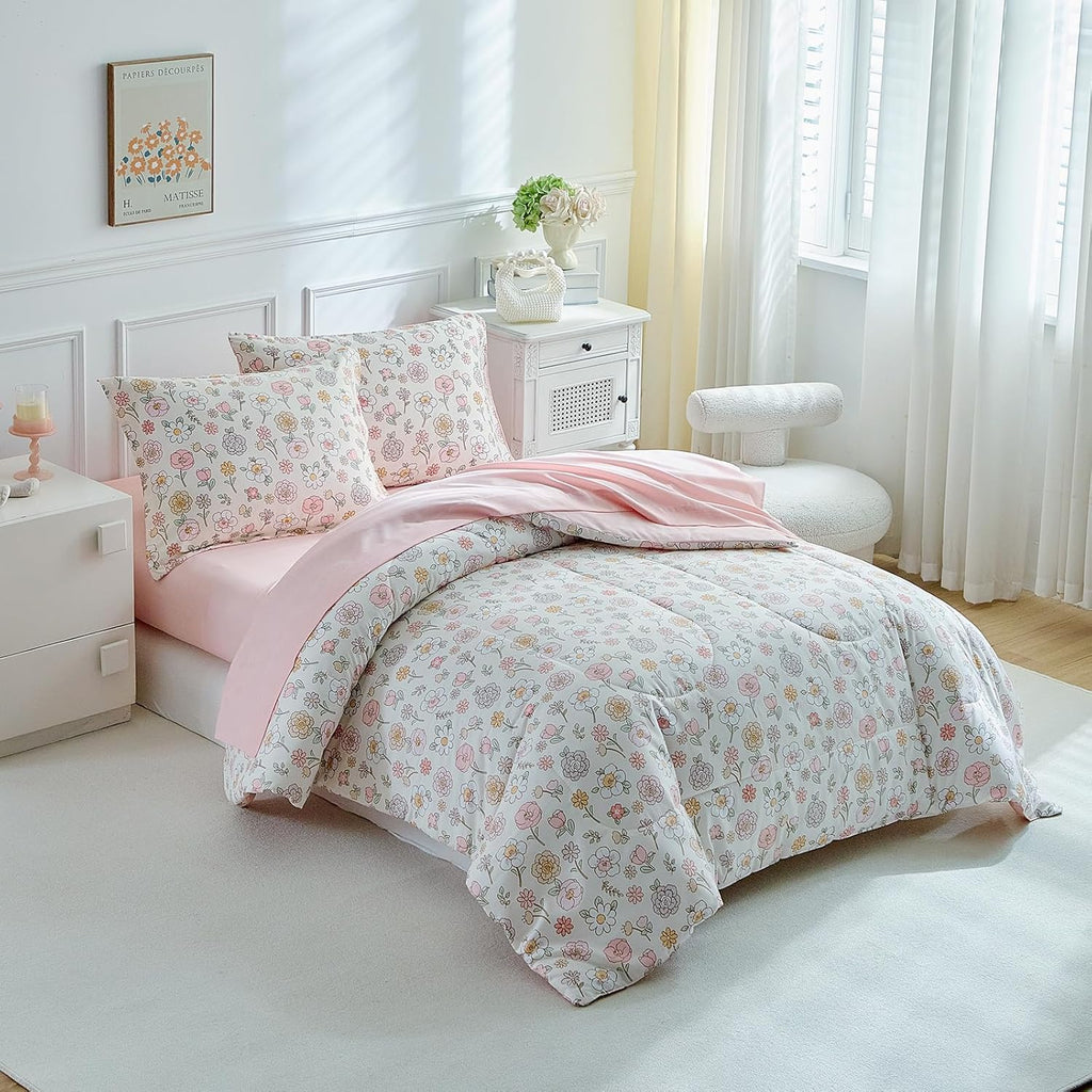 Floral Twin Comforter Set,5 Pieces Twin Bedding Set for Girls,Twin Bed in a Bag, All Season Kids Sheet Set with Comforter, Flat Sheet, Fitted Sheet, Pillowcase and Pillow Sham-Pink Floral