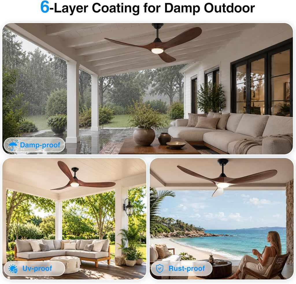 Wall Switch-60 inch Outdoor Ceiling Fan with Light Remote for Patios, Wet Rated Wood 3-Blade Propeller Ceiling Fans