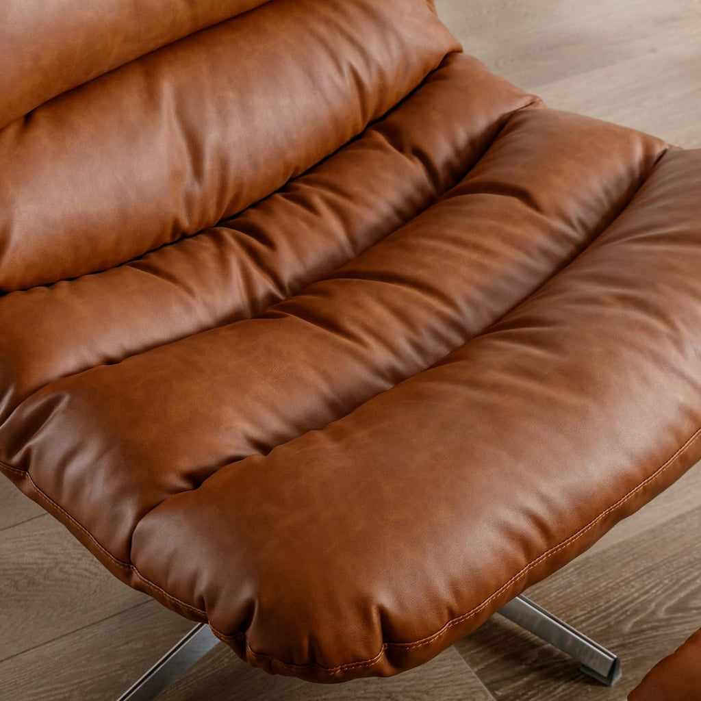 Modern Swivel Lounge Chair and Ottoman — Brown Faux Leather