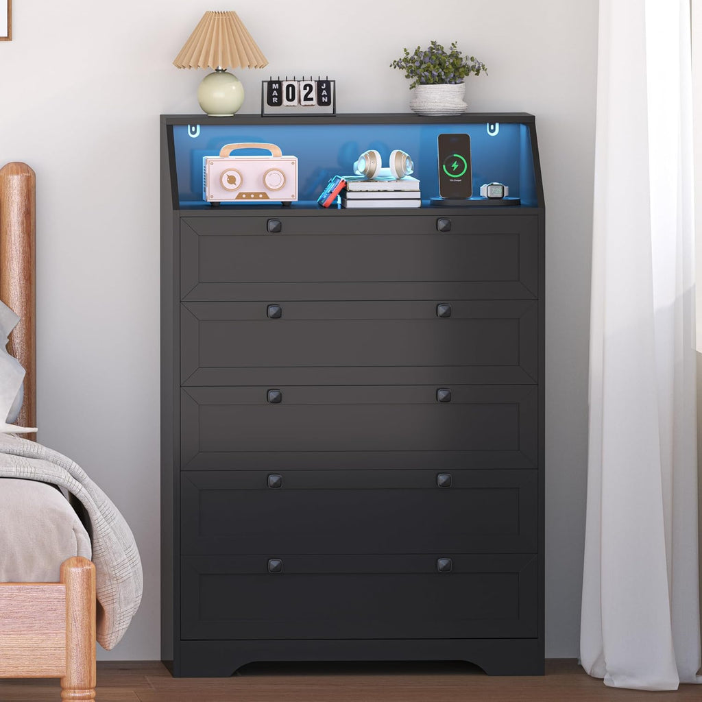 Black Dresser Tall 5 Drawer Dresser , Wood Chest of Drawers with LED Lights, Charging Station, Metal Handles, Modern