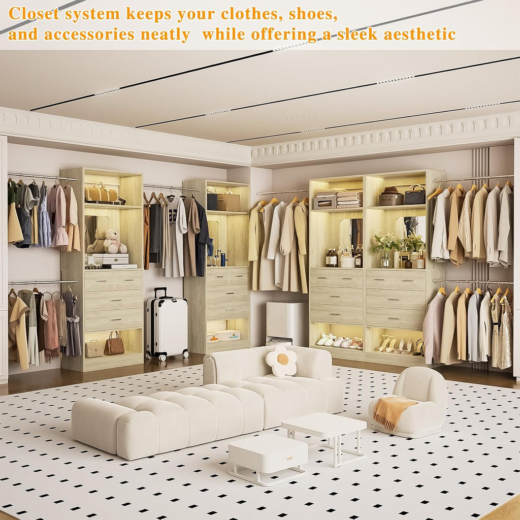Closet System, 6-14FT Walk in Closet Organizer with 8 Drawers and Mirror, 168" Wood Closets Insert with Tower, Sturdy
