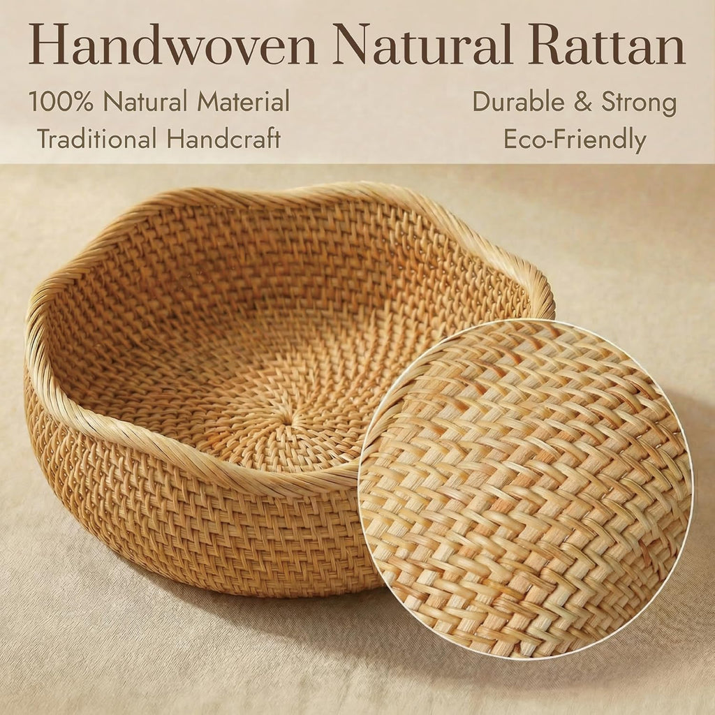 Rattan Bread Basket, Round Fruit Baskets, Wicker Storage Bowls, Natural Woven Serving Basket Bowls, Decorative