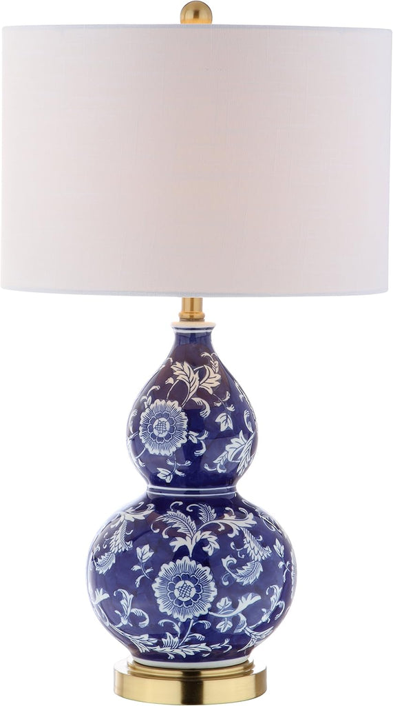 27" Blue/White Ceramic Chinoiserie Table Lamp, Traditional Floral Double Gourd Vase Lamp with White 