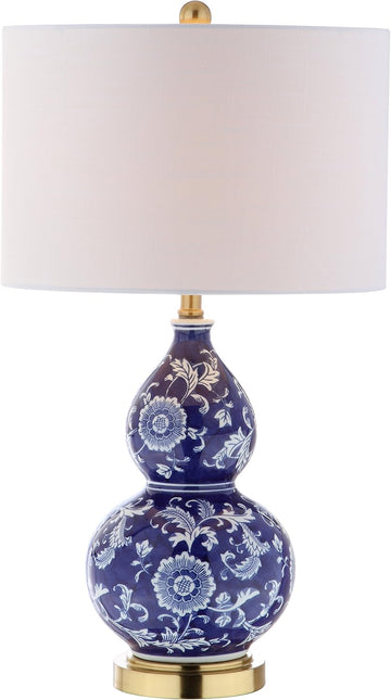 27" Blue/White Ceramic Chinoiserie Table Lamp, Traditional Floral Double Gourd Vase Lamp with White 