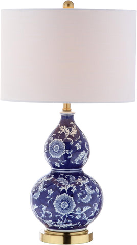 27" Blue/White Ceramic Chinoiserie Table Lamp, Traditional Floral Double Gourd Vase Lamp with White 