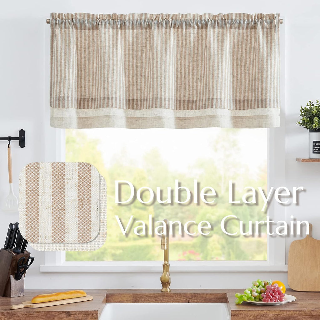 Linen Valance Curtain Striped Small Window Curtain Double Layer Light Filtering Modern Farmhouse Valance for Kitchen