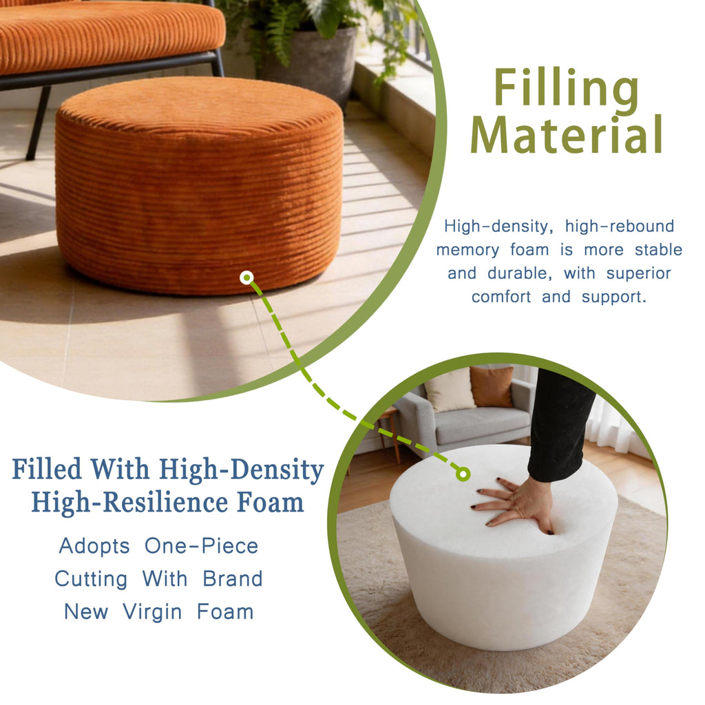 Round Ottoman Pouf, Corduroy Foot Rest Stool, 20x14In, Burnt Orange