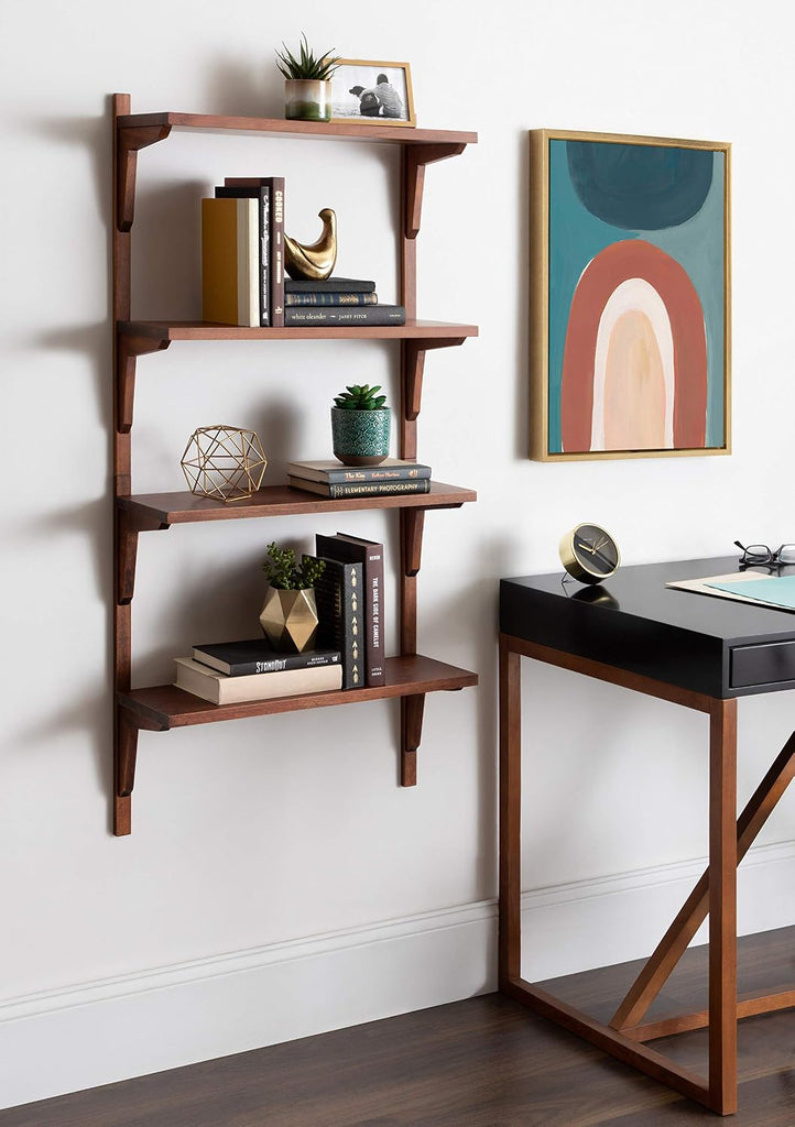 Meridien Mid-Century Wall Shelves, 24" x 8" x 24", Walnut, Transitional Wall Decor and Storage