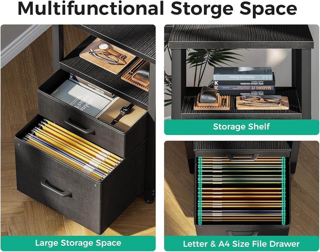 L Shaped Computer Desk with 6 Drawers & Power Outlet, 55 Inch Corner Desk with Reversible Storage Shelf & File Drawer