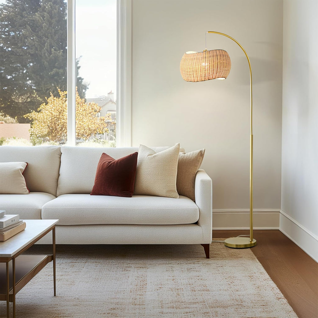 Wave Arc Floor Lamp - Chic Standing Lamp with Unique Hanging Wicker Pendant Shade, Boho Rattan Natural Decor Lamp