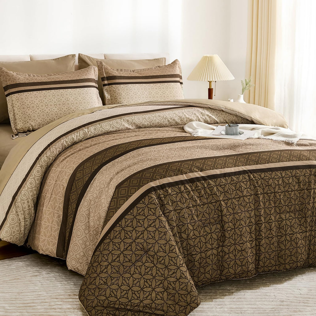 7 Pieces Comforter Set King Size, Brown Striped Fall Winter Bed in a Bag Comforter, Minimalist Geometric Bohemian