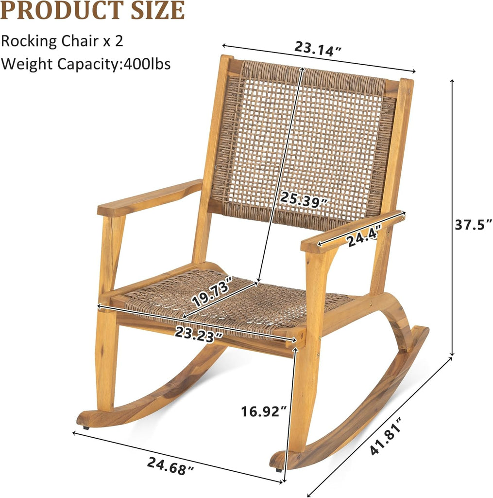 Acacia Wood Outdoor Rocking Chair Set of 2, Natural Wicker Outdoor Rockers with Wicker Rattan Seat & Backrest, 400