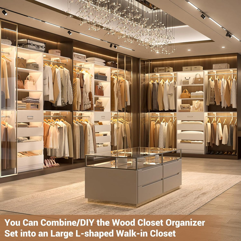 Closet System with 4 Drawers, 8FT Wood Closet Organizer System, 96'' Closets Built In System Tower with Shelves
