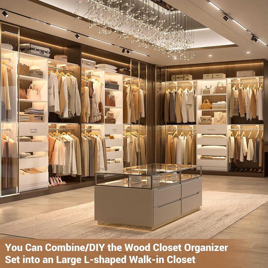 Closet System with Drawers, Wood Closet Organizer System with 4 Hanging Rods & Top Shelves, Walk-in Closets Organizer