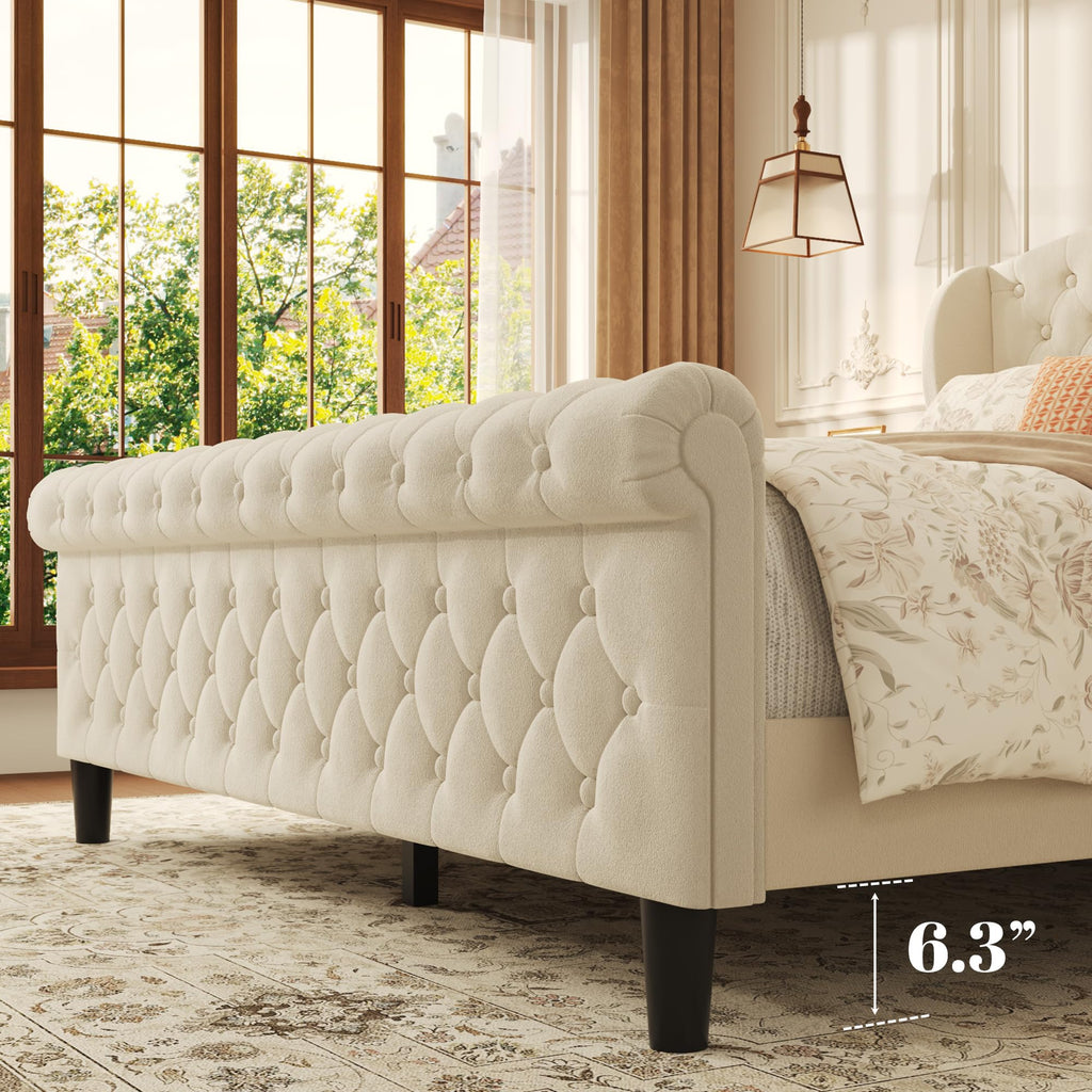 Queen Platform Bed Frame, Velvet Upholstered Sleigh Bed with Wingback Tufted Headboard and Footboard, Noise-Free