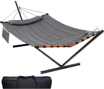 12FT 2 Person Hammock with Stand Included 55 x 79IN Large Hammock 450LB Capacity with Hardwood Spreader Bar & Nylon