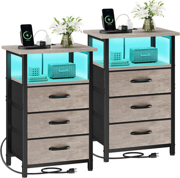 Night Stand Set 2 with Charging Station, LED Nightstand , Bedside Table with 3 Fabric Drawers, End Table Side Table