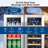 Upgraded Wine and Beverage Refrigerator 24 Inch, Dual Zone Wine Beverage Cooler 