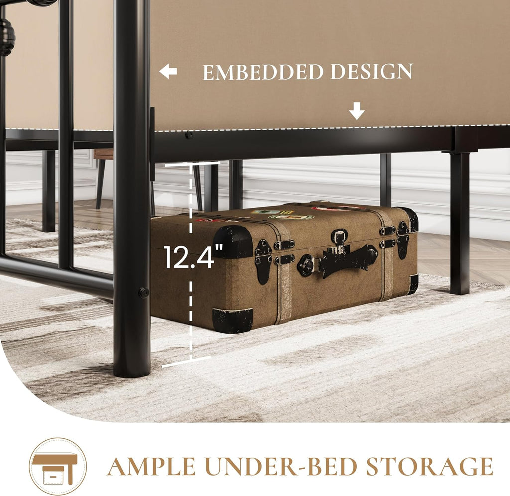 14" Queen Metal Platform Bed Frame/Victorian Headboard and Footboard/Steel Slats Mattress Foundation for Storage/No