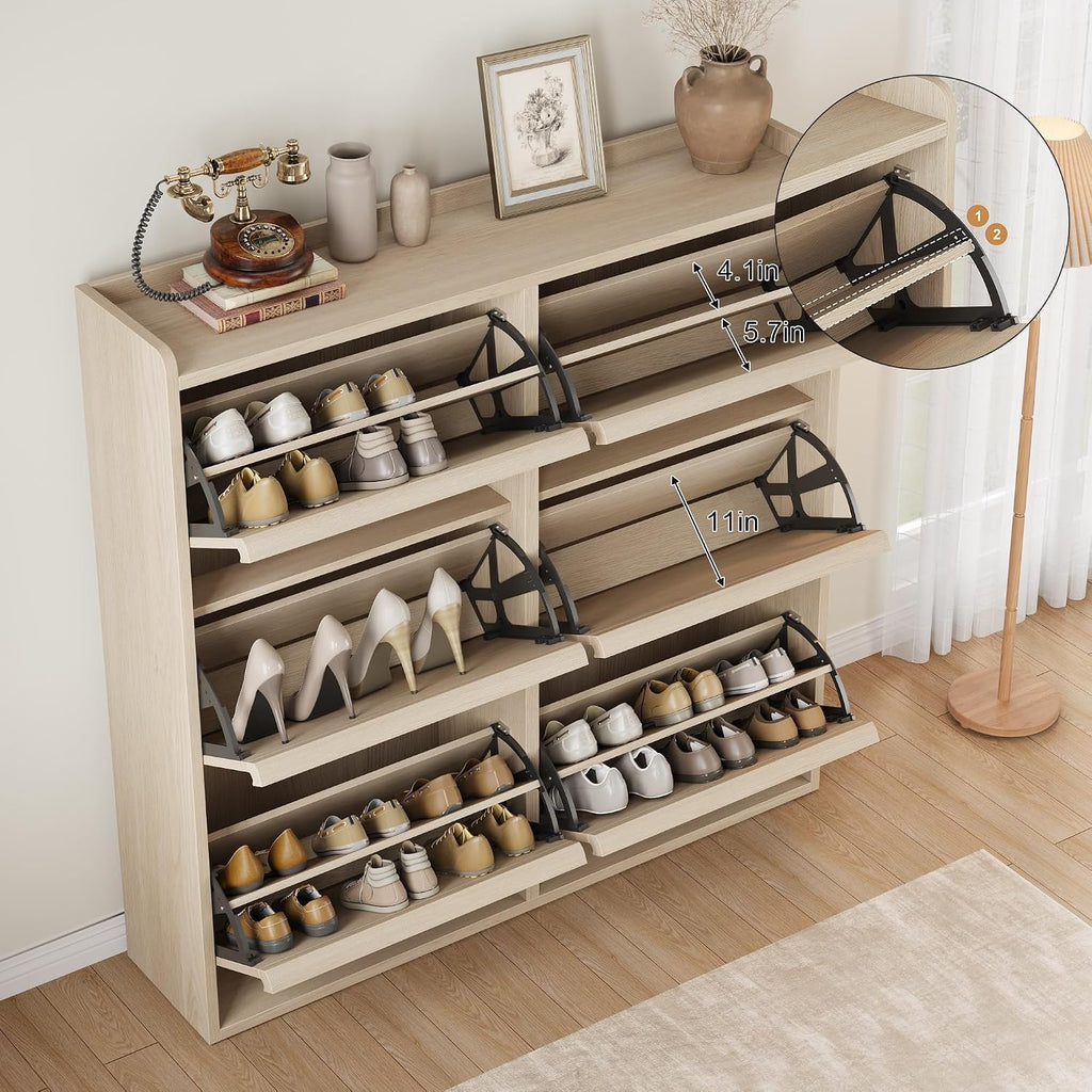 Shoe Cabinet, 6 Flip Drawers, Narrow Freestanding Shoe Organizer with Adjustable and Removable Shelves, Modern Wooden