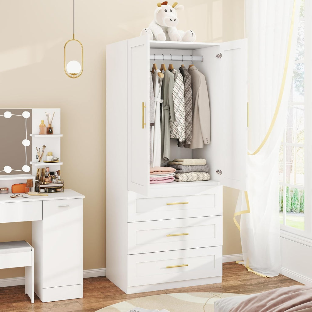 White Armoires Wardrobes Closet:Bedroom Armoire Wardrobe Closet with Hanging Rod, Modern Wardrobe Cabinet with