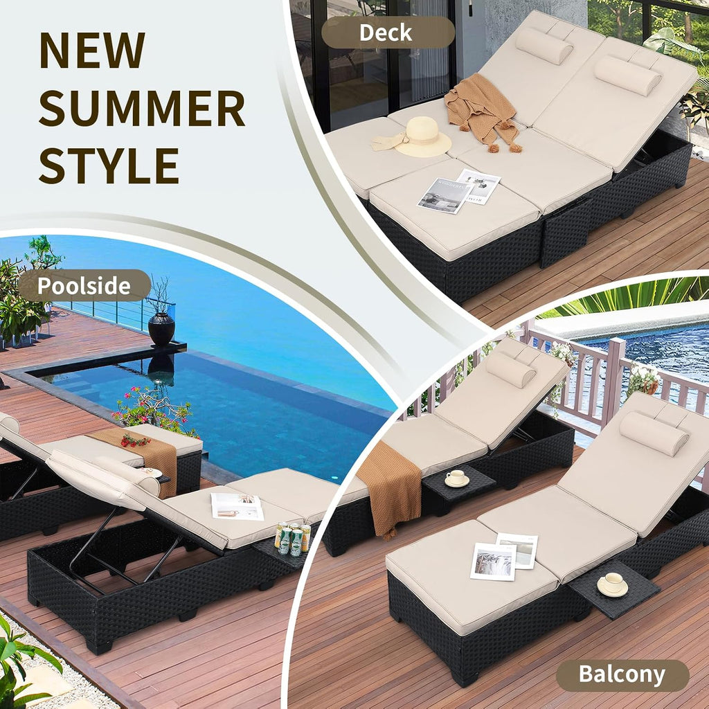 Outdoor Chaise Lounge Chairs for Outside Patio Furniture Set of 2 Wicker Recliner Black Rattan Sunbathing Lounger