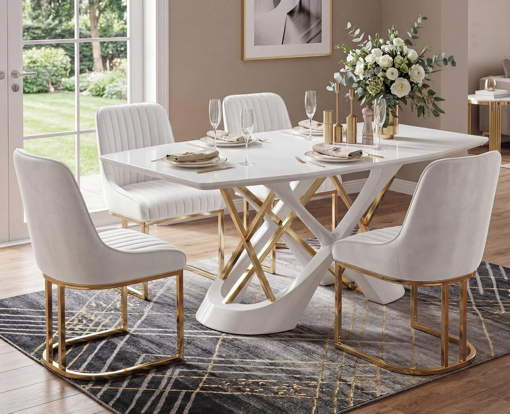 Velvet Upholstered Dining Chairs Set of 6 Modern Accent Dining Room Chairs with Gold Metal Base Comfy Padded Kitchen