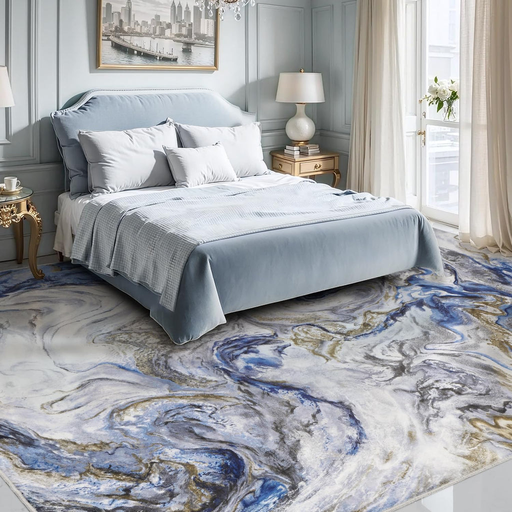 Abstract 9'x12' Area Rug, Washable Non-Slip Low Pile, Marble Blue