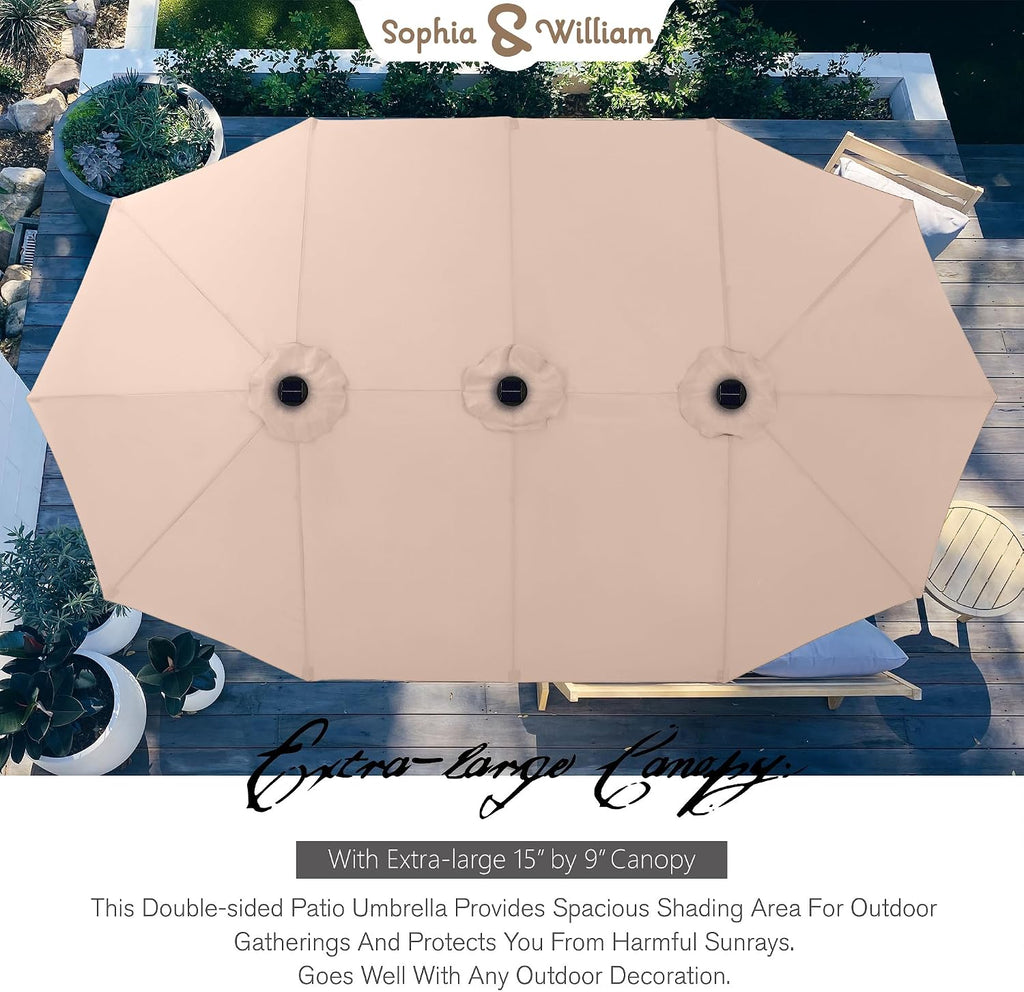 15ft Extra Large Outdoor Patio Umbrella with Solar Lights & Base, Beige | Rectangular Outdoor Umbrella