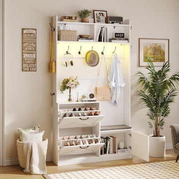 Narrow Hall Tree with Shoes Storage, Entryway Bench with Coat Rack and Led Lights, 78" Tall Hall Tree with 9 Coat
