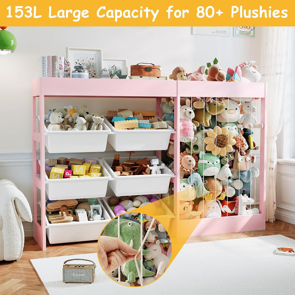 50.6"W x 39.4"H Kids Toy Organizer with Stuffed Animal Storage, Wooden | Kids Storage with 153L Stuffed Animal Zoo, 6