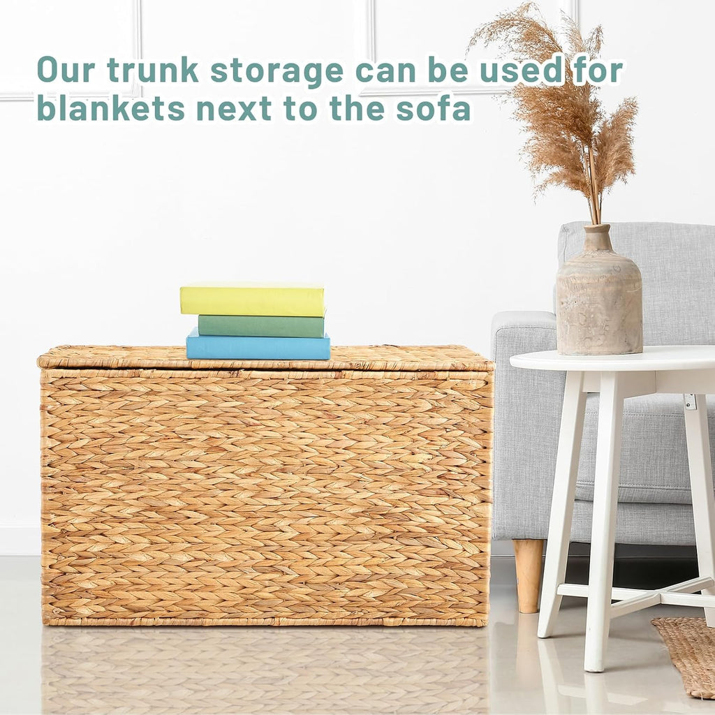 30 x 17.5 x 17.5 Inch Water Hyacinth Wicker Storage Trunk with Metal Frame, Heavy Duty Storage Chest with Lid Large