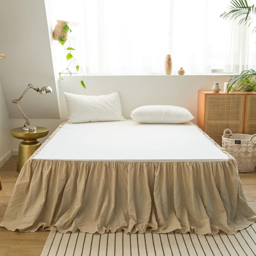French Linen Bed Skirt with Pleated Frills 18-Inch Tailored Drop Natural Flax Cotton Blend Dust Ruffle Soft Cozy