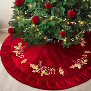 Christmas Tree Skirt, 48 Inches, Gold Embroidered Holly Style, Red