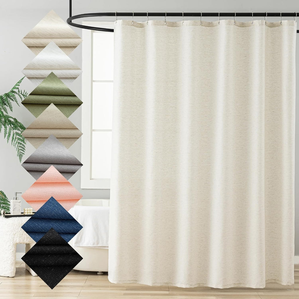 Natural Linen Shower Curtain, Farmhouse Bath Decor Slub Texture Neutral Elegant Long Shower Curtain with Hooks, 72" x
