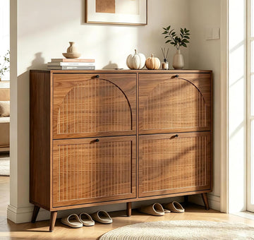 Shoe Storage Cabinet with 4 Flip Drawers, Narrow Shoe Organizer with Fluted Panel, Freestanding Wood Hidden Shoe