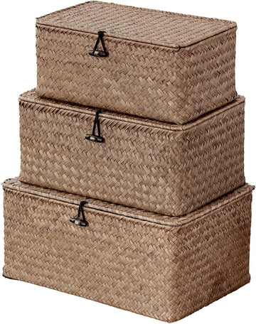 Seagrass Storage Baskets with Lid Set of 3,Wicker Basket Storage Bin for Shelves,Rectangular,Boho Decor,Handwoven