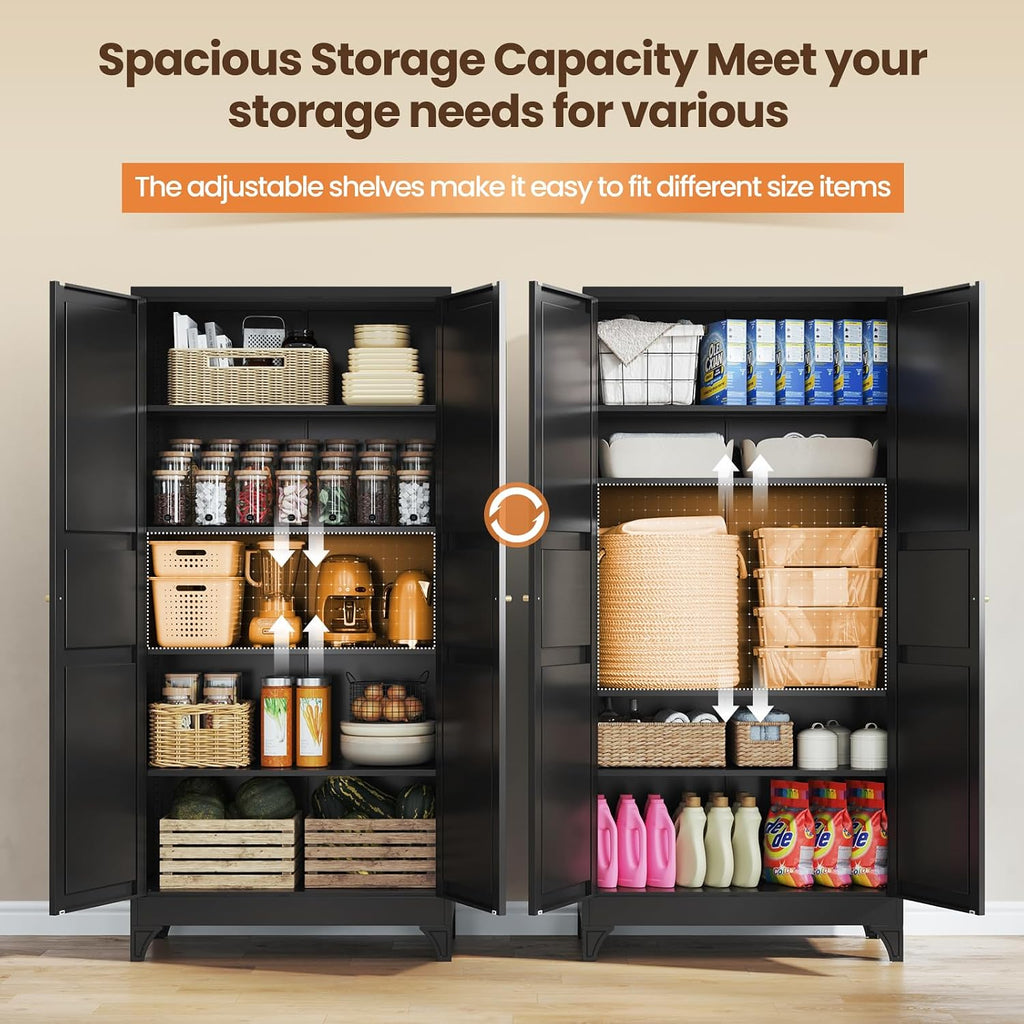 Metal Pantry Cabinet, 75" Kitchen Pantry with 2 Door and 4 Adjustable Shelves,Black Metal Pantry Storage