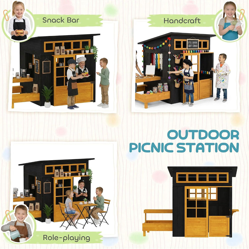 Playhouse - Solid Fir Wood, Chalkboard Panels, Attached Table & Benches, Spacious Interior, Ages 3-8, 76" L